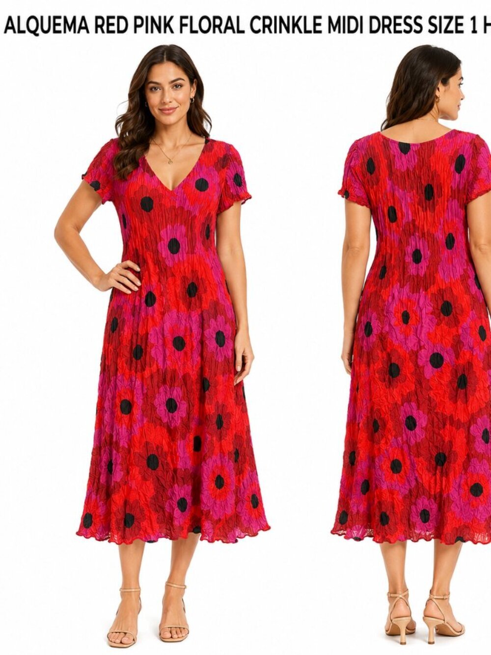 ALQUEMA RED PINK FLORAL CRINKLE MIDI DRESS SIZE 1 HIGH STRETCH / US Size 6-8